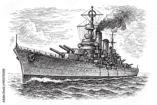 Battleship woodcut engraving vector illustration