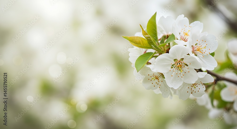 Obraz premium Beautiful white spring flowers blooming on a branch, captured with a soft, blurred background effect