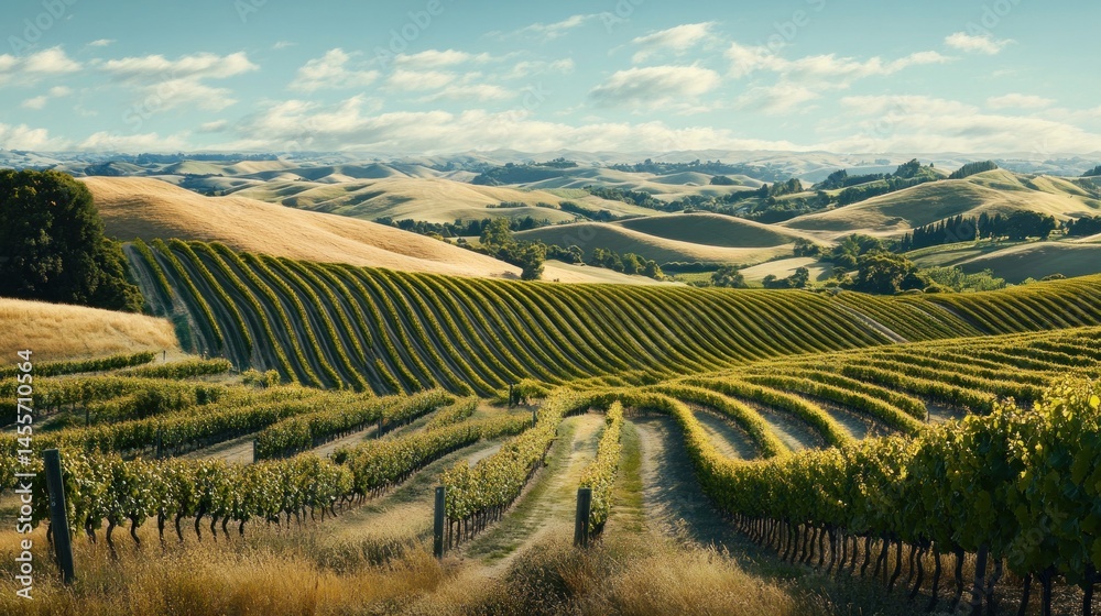Fototapeta premium Vineyard rows in rolling hills landscape