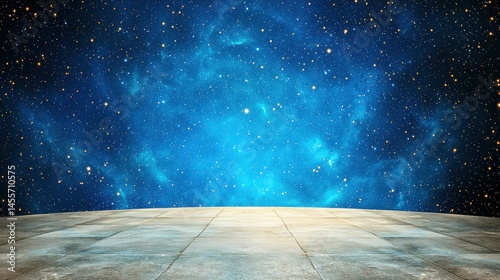 Room with large floor and starry sky illustration of blue abstract nebula in space