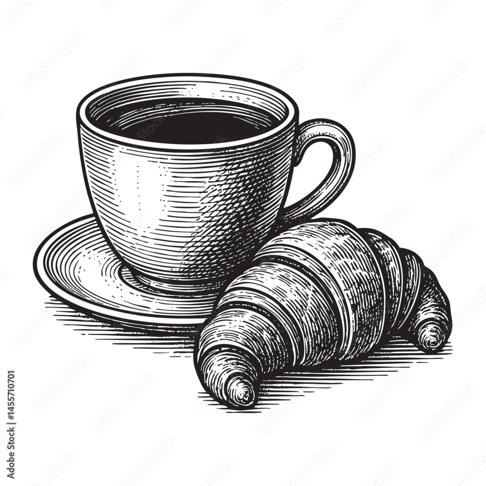 coffee cup and croissant woodcut engraving vector illustration