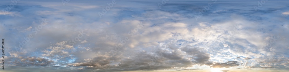 Fototapeta premium Cloudy sky with sun shining through clouds at sunset, 360 degree panorama