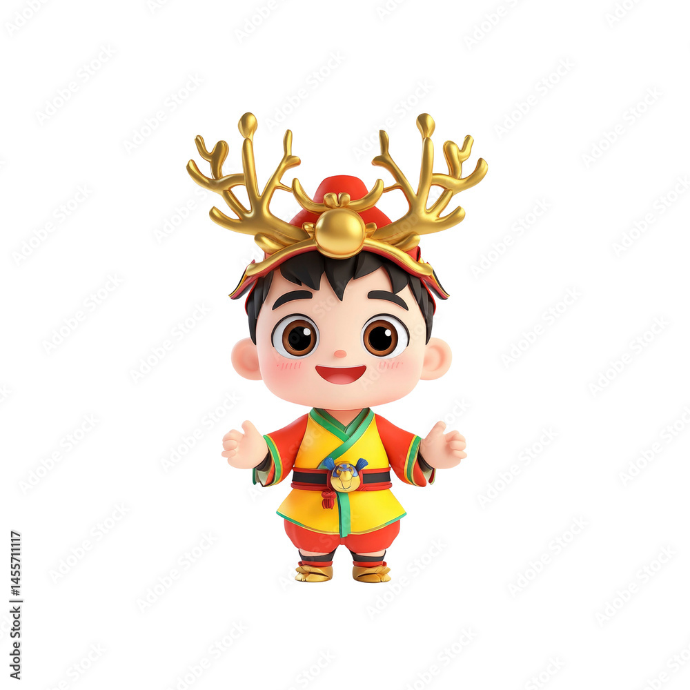 Fototapeta premium Cheerful 3D Render of a Boy in Traditional Chinese Costume with Deer Antlers Headwear