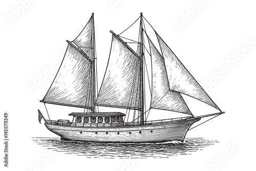 Yacht woodcut engraving vector illustration