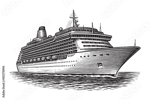 Cruise ship woodcut engraving vector illustration