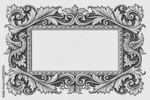 Ornate Vintage Border with Illustrated Vines, Leaves, and Mythical Creatures in Bold Ink Etching Style