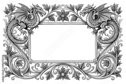 Ornate Vintage Border Featuring Vines, Leaves, and a Mythical Dragon in Bold Ink Engraving Style
