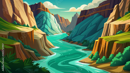 The emerald river cuts through a narrow gorge, surrounded by steep cliffs