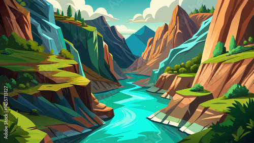 The emerald river cuts through a narrow gorge, surrounded by steep cliffs