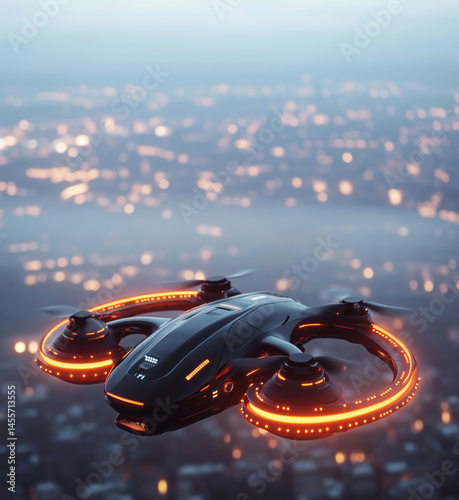 Futuristic drone flying over cityscape at dusk with glowing lights.