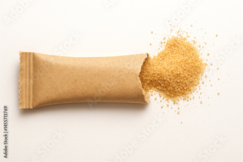 Brown sugar is spilling from an opened recyclable paper sachet on a white background, representing a single-serving portion of sweetener for coffee, tea, or other beverages
