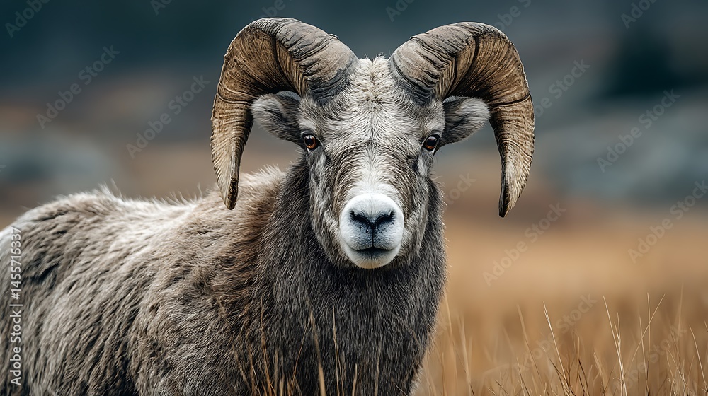 Majestic ram stares with large, curled horns Majestic ram stares with large, curled horns