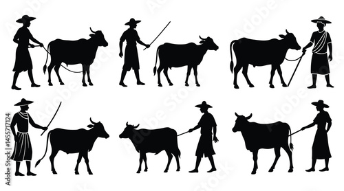 A dairy cow vector art and illustration of a Farmer man with a domestic animal cow  isolated on a white background animal rural scene man walking with a cow set