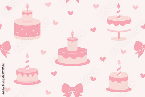 Birthday cakes, pink frosting, heart confetti, pastel background, cute pattern, kawaii style, celebratory, sweet desserts, candles, bows, festive, girly, cake stands, seamless repeat, 