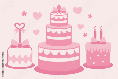 cake, birthday cake, dessert, pink cake, sweets, pattern, hearts, bow, cupcake, celebration, party, party decorations, 