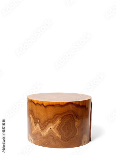 A podium made from polished petrified wood, rich earthy tones and smooth finish, softly illuminated from the side, isolated on a white background, ultra high-resolution, 8K