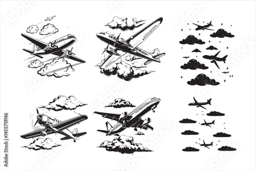 set of airplanes vector, airplane, aircraft, plane, sky, jet, air, fly, military, flight, flying, vector, aviation, silhouette, helicopter, icon, transport, fighter, travel, transportation, war, airsh