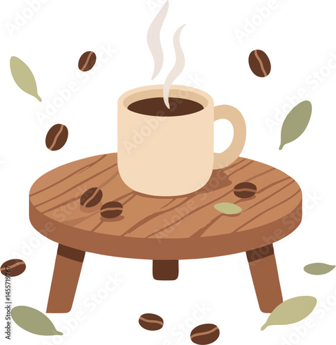 Flat Vector Illustration of a Steaming Hot Coffee Cup on Rustic Wooden Table with Coffee Beans and Leaves