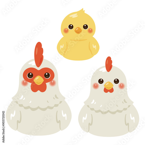 お座りしたニワトリとヒヨコのイラストセット