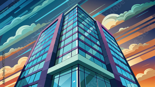 Perspective of high rise building and dark steel window system with clouds reflected on the glass.Business concept of future architecture,lookup to the angle of the building corner. 3d