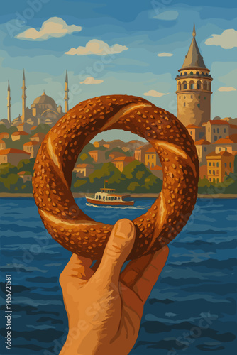 Hand holding a simit, enjoying Istanbul’s skyline by the water  
