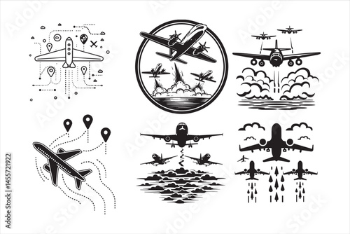set of airplanes vector, airplane, aircraft, plane, sky, jet, air, fly, military, flight, flying, vector, aviation, silhouette, helicopter, icon, transport, fighter, travel, transportation, war, airsh