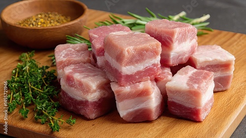 Freshly cut cubes of pork belly sit on a wooden board, surrounded by aromatic herbs and spices, ready to be cooked to perfection.
