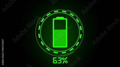 Digital Glowing Battery fast charging indicator grid animation power and electricity accumulator battery. futuristic technology circle HUD circuit board Green renewable energy storage future 4k