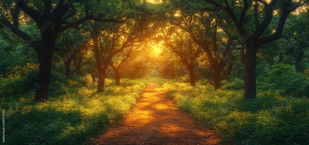 Naklejka premium Golden Hour Path: A Serene Forest Walk at Sunset