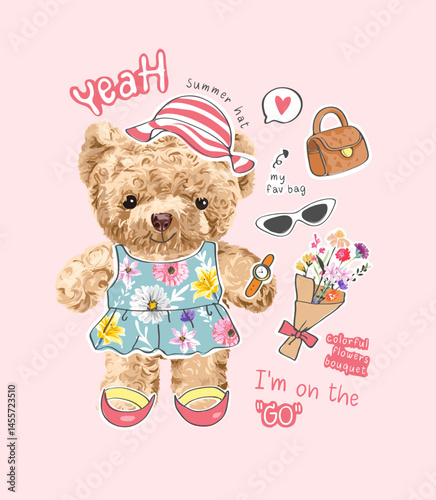typography slogan with cute bear doll in paper doll clothes vector illustration