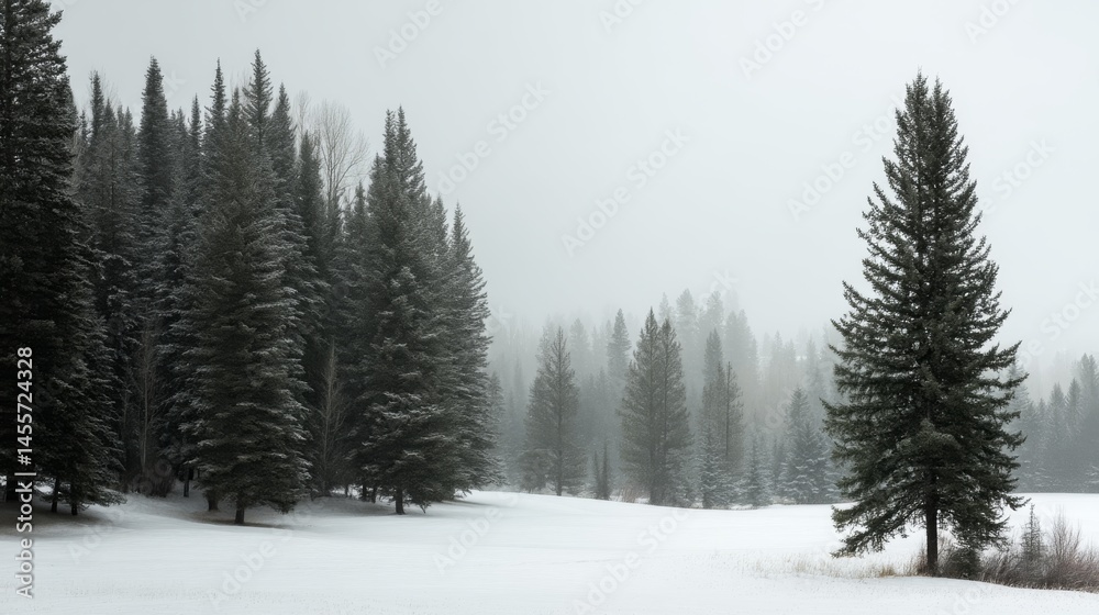 Naklejka premium A tranquil pine grove lies blanketed in pristine snow, set against a smooth white backdrop, capturing the essence of a peaceful winter day