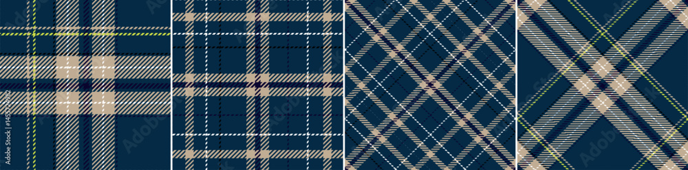 Fototapeta premium Four Different Plaid Patterns in Navy Blue, Beige, and White