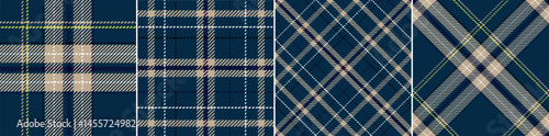 Four Different Plaid Patterns in Navy Blue, Beige, and White