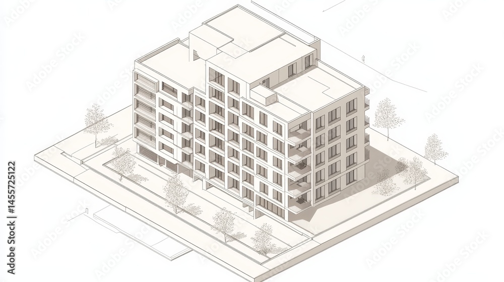 Fototapeta premium Modern Urban Apartment Complex Design Featuring Landscaped Areas and Multiple Floors With Glass Facades in a City Setting