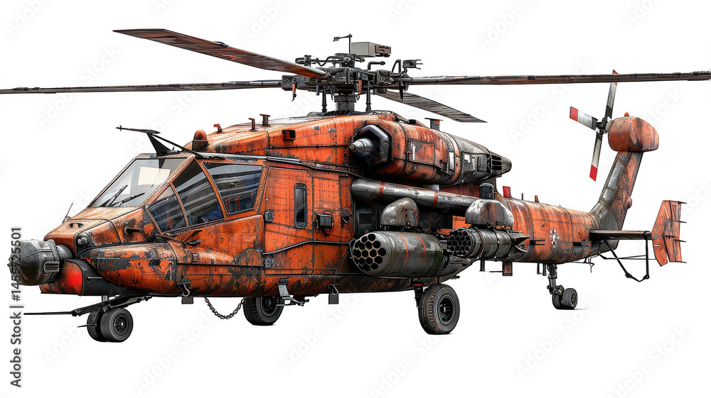 Fototapeta premium Exploring the rusted apache helicopter a detailed look at military aviation on transparent background