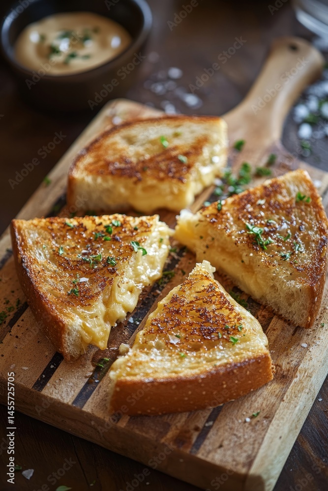 Slices of toasted cheese bread with grilled edges, served with garlic butter and a bowl of condiments. Slices of toasted cheese bread with grilled edges, served with garlic butter and a bowl of condiments.