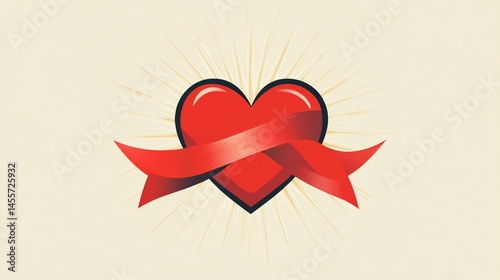 Flat illustration of a heart wrapped in a red ribbon with rays of hope around it - healing message.