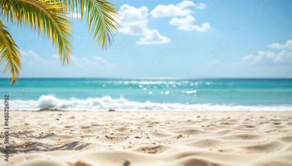 Serene Beach Scene with Tropical Palm Tree and Calm Ocean Waves