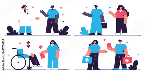 a group of people engaged in various activities, diverse individuals, daily life scenes, colorful illustrations, flat design, minimalist art style, vector graphics
