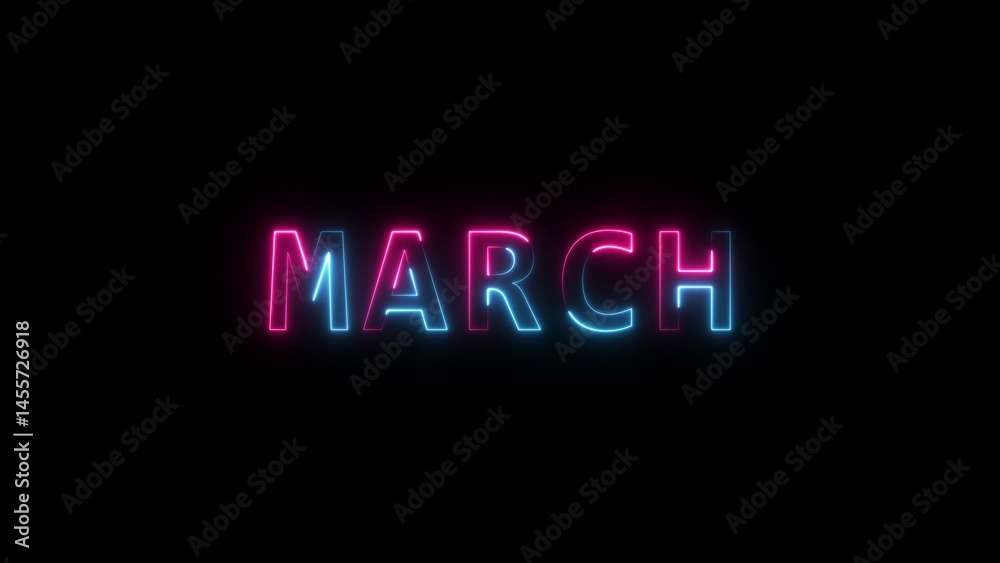 Animation of glowing neon shine month name march text icon animation. 4k animated on black background Animation of glowing neon shine month name march text icon animation. 4k animated on black background