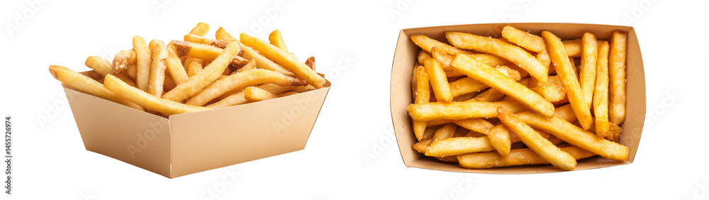 Two servings of crispy fries in unique containers, PNG, created with Generative AI Two servings of crispy fries in unique containers, PNG, created with Generative AI