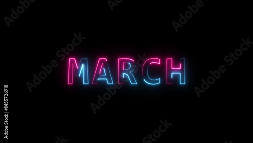 Animation of glowing neon shine month name march text icon animation. 4k animated on black background