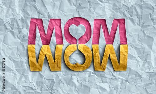 Happy Mothers Day Symbol as a mirror word or ambigram as Mom and wow representing motherhood parenting as a festive symbol for a mother celebration as a paper sculpture