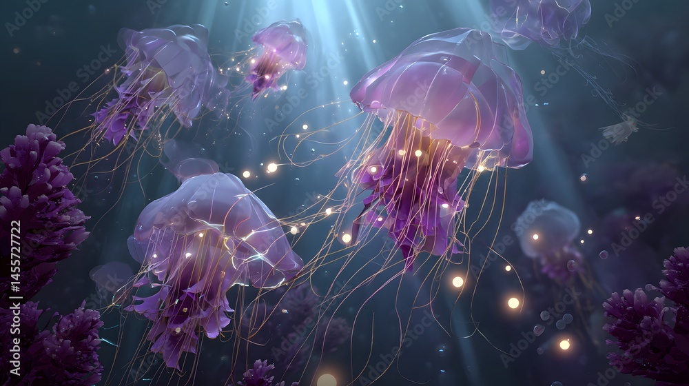Obraz premium Underwater Enchantment Illuminated Fantasy Jellyfish Floating Wallpaper A Symphony of Light and Color Under the Sea's Mystical Gaze