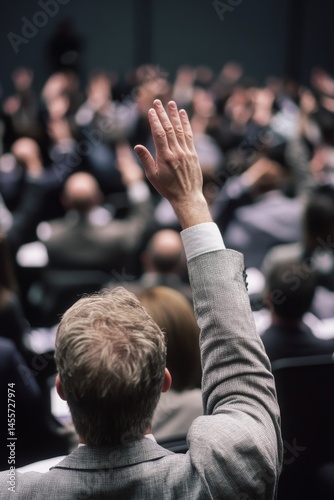 A man in the audience holds up his hand to ask a question during a conference or meeting.