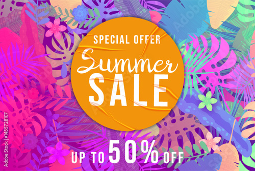 Summer Sale Template background colorful tropical plants, flowers and leaves