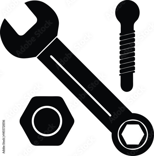 wrench and bolt combo on white background 