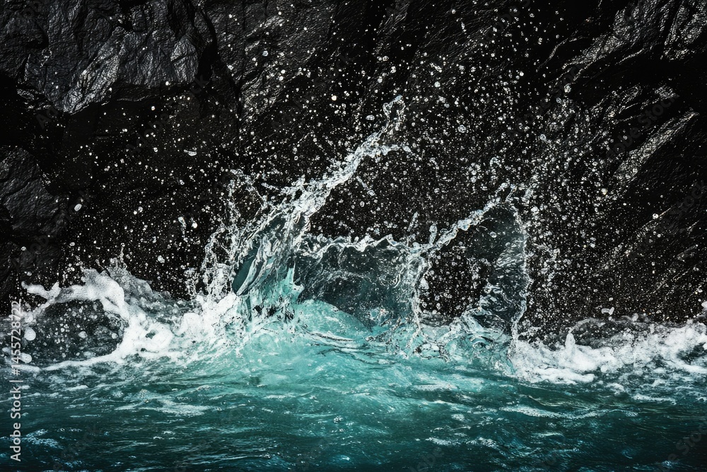 Obraz premium Powerful ocean waves crashing against dark, rugged rocks, creating dynamic splashes and textures with striking contrasts of light and shadow.