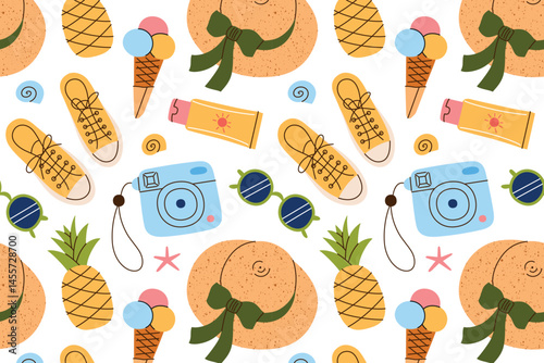 Cartoon seamless pattern with summer doodles for women. Bright warm design with female accessories, vector illustrations of fruits, ice cream, and vacation vibes, tropical resort and travel background