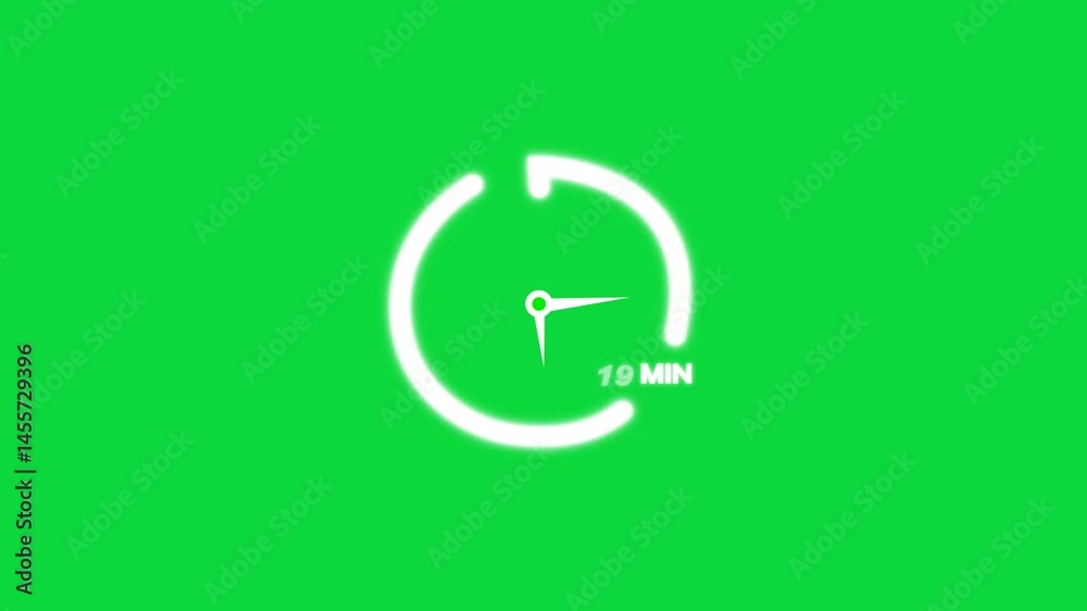 19 minutes timer clock animation on green screen transparent background. stopwatch icon. 19 minute timer video. time indicator. time measure, chronometer icon 19 minutes, countdown sign.